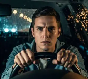 Person driving a car at night.