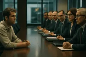 Man facing a formal interview panel.