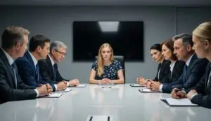 Business meeting with formal attire attendees.