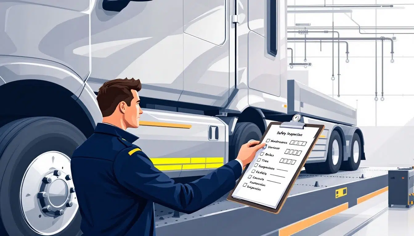 A truck undergoing a safety inspection to ensure compliance with DOT regulations.