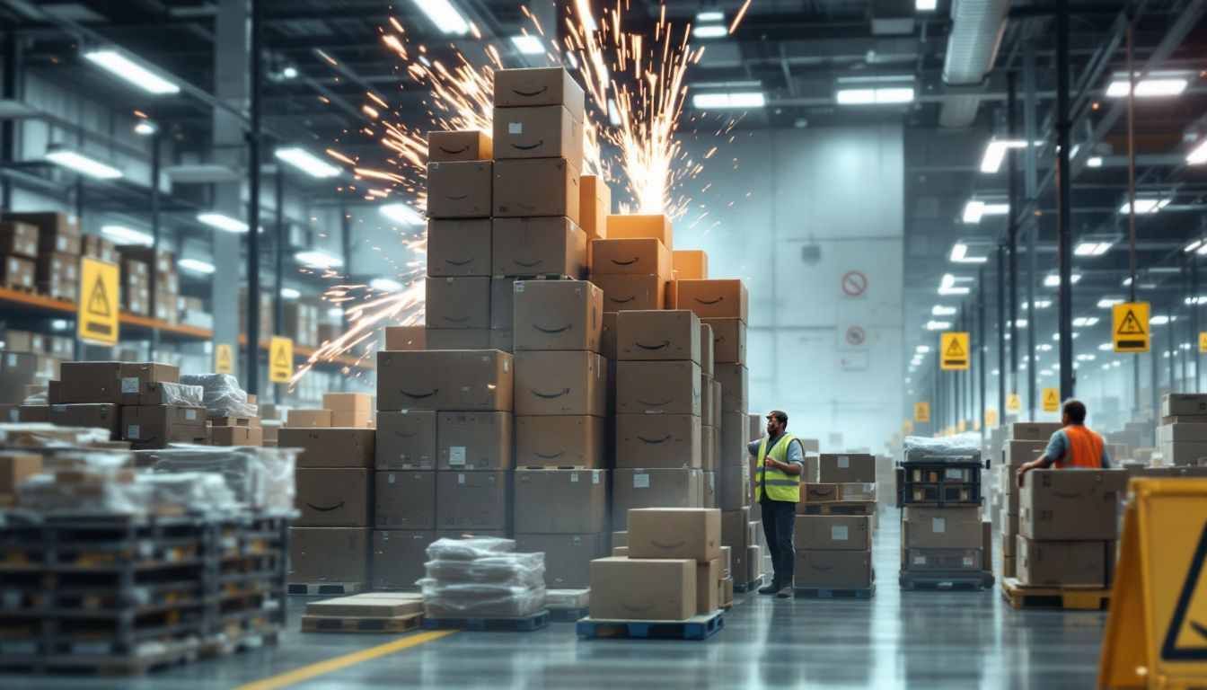 An Amazon fulfillment center with safety signs, showcasing the company's response to safety concerns.