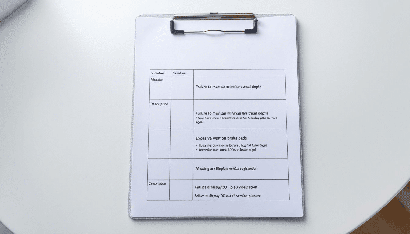 Common DOT out of service violations list displayed on a clipboard during an inspection.