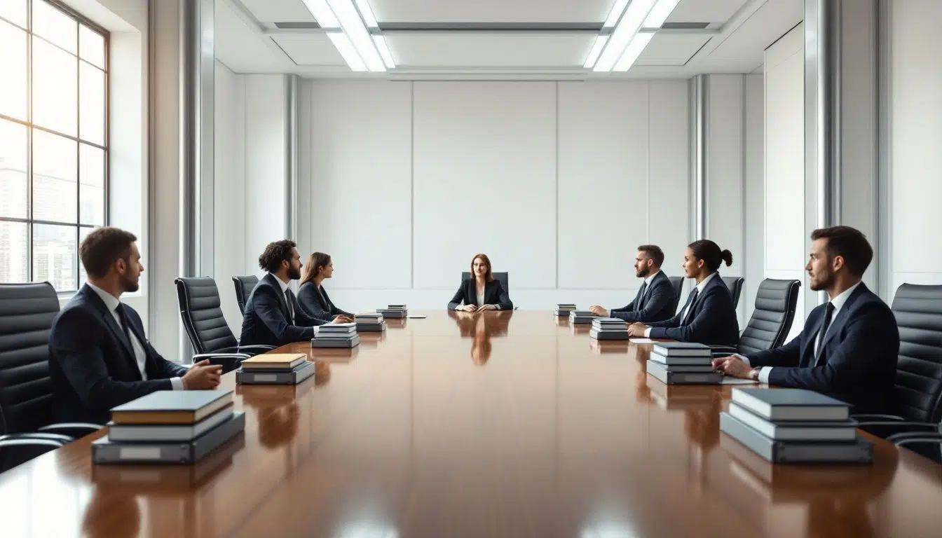 A team of professionals discussing compliance strategies in a meeting room.