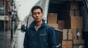 March 28, 2026 | Amazon Delivery Vehicle Accidents Delivery person with packages in rain.