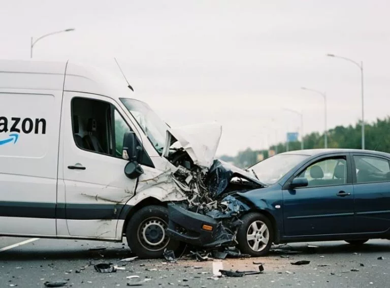 Amazon delivery van damaged in a head-on collision