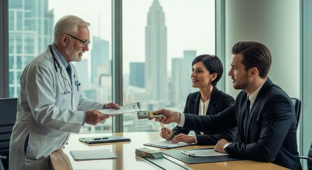 March 26, 2026 | Independent Medical Exams Business meeting with money exchange.