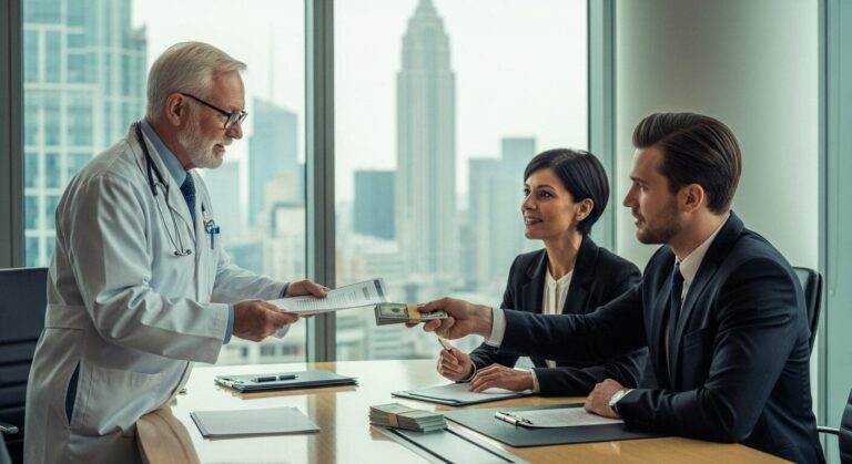 Business meeting with money exchange.