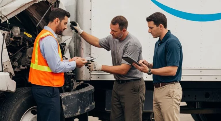 Men inspecting a truck's engine.
