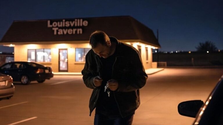 Person outside louisville tavern at night.