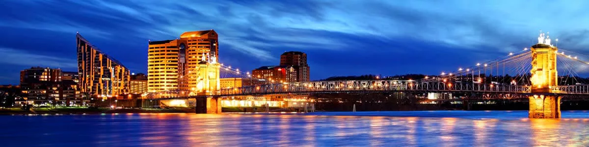 Illuminated suspension bridge and riverfront buildings at dusk