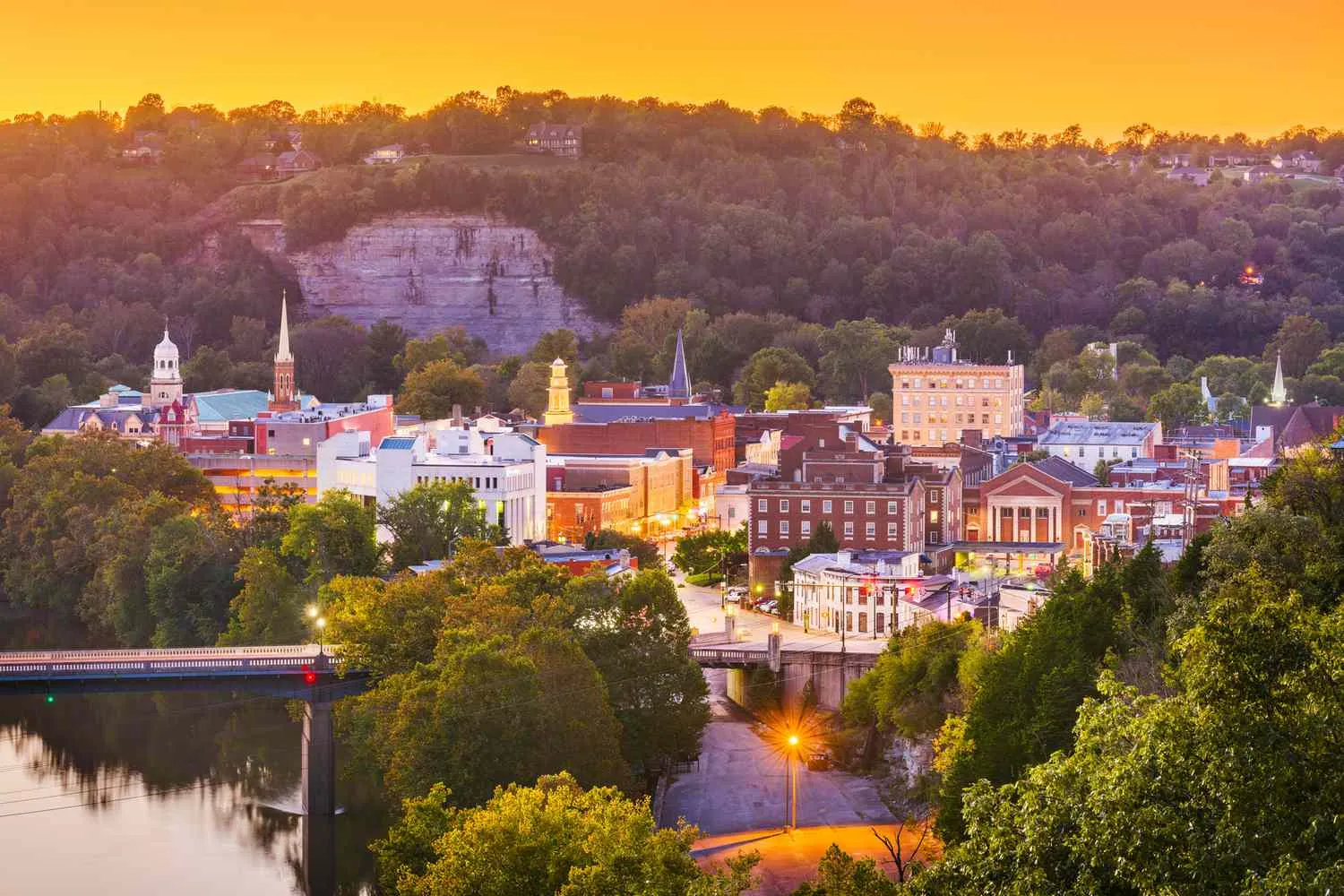 Downtown frankfort beside the river at sunset