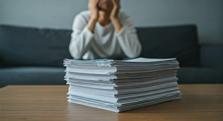 Person reviewing a stack of insurance documents