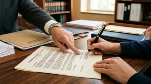 Client signing documents sam aguiar injury lawyers