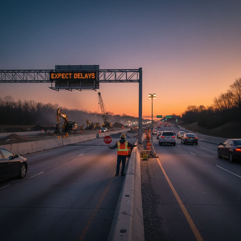 Kentucky highway construction zone with traffic cones and lane shifts