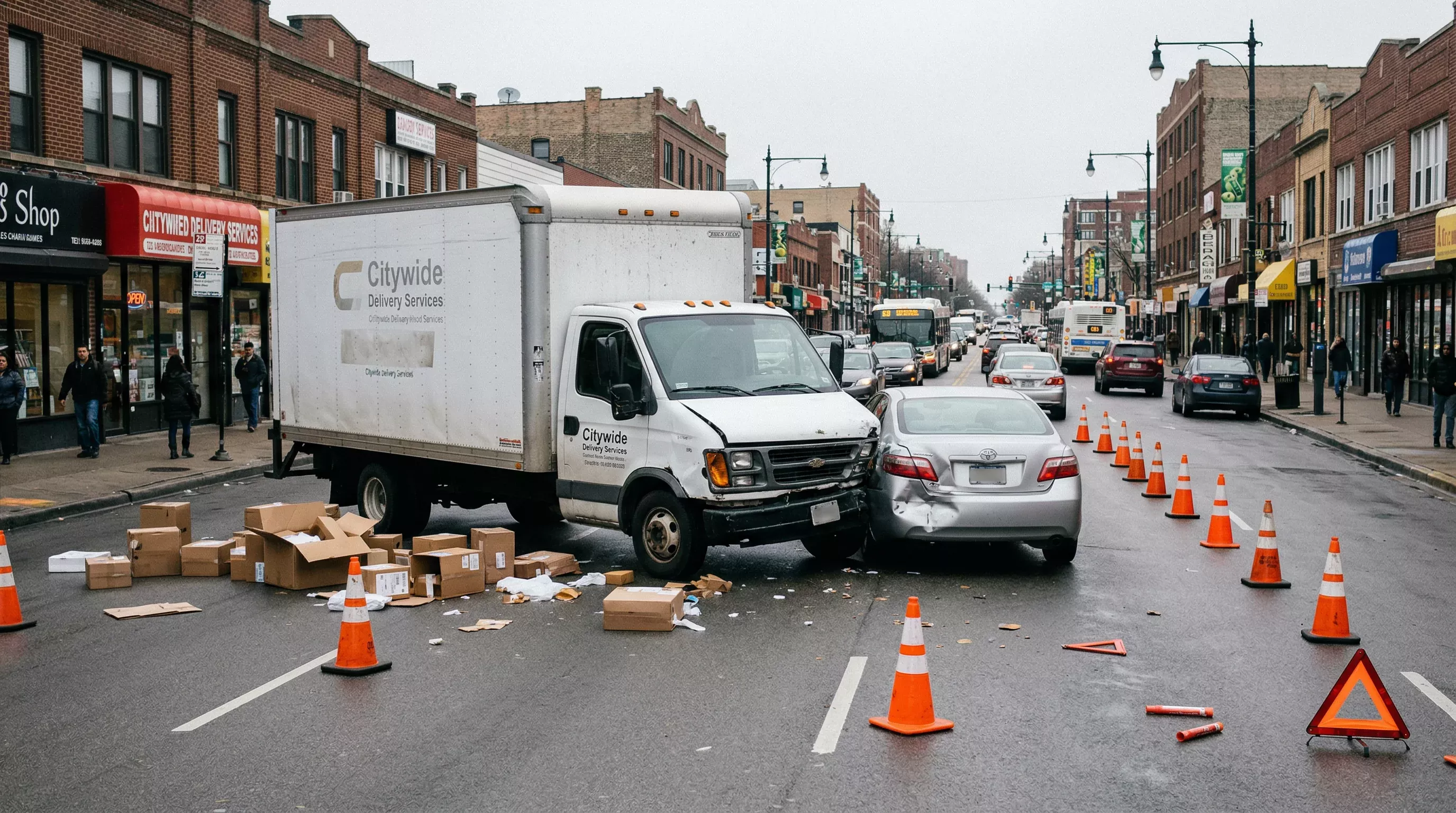 Delivery truck on a kentucky road after a crash
