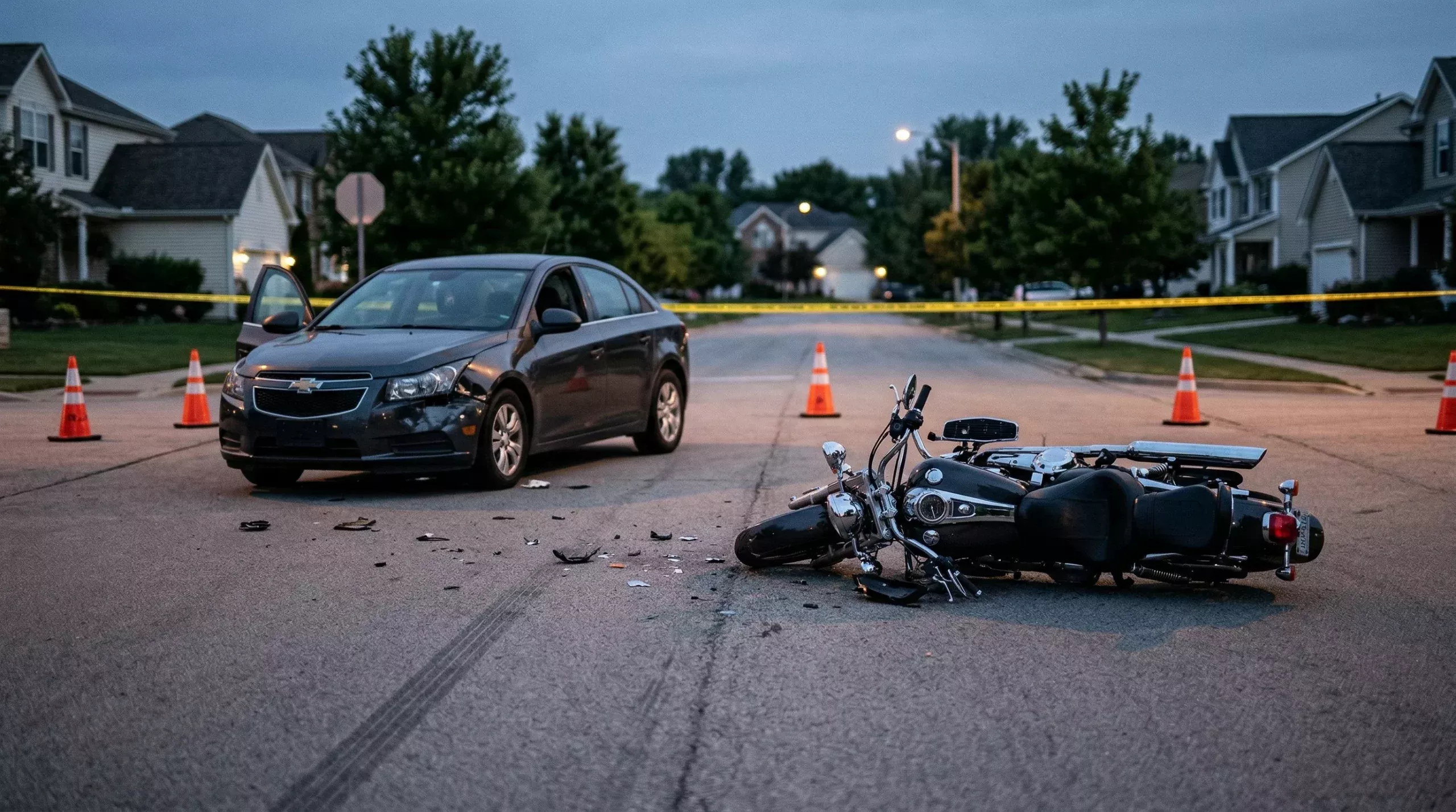 Motorcycle accident scene on a kentucky road with emergency response