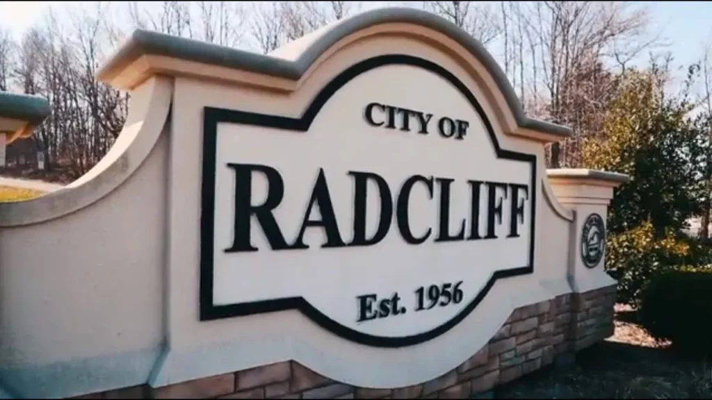 Radcliff city sign beside a landscaped entrance