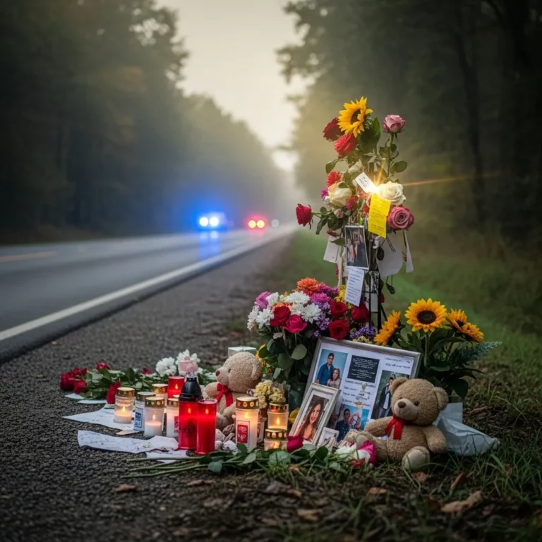 Roadside memorial marking the site of a fatal car accident