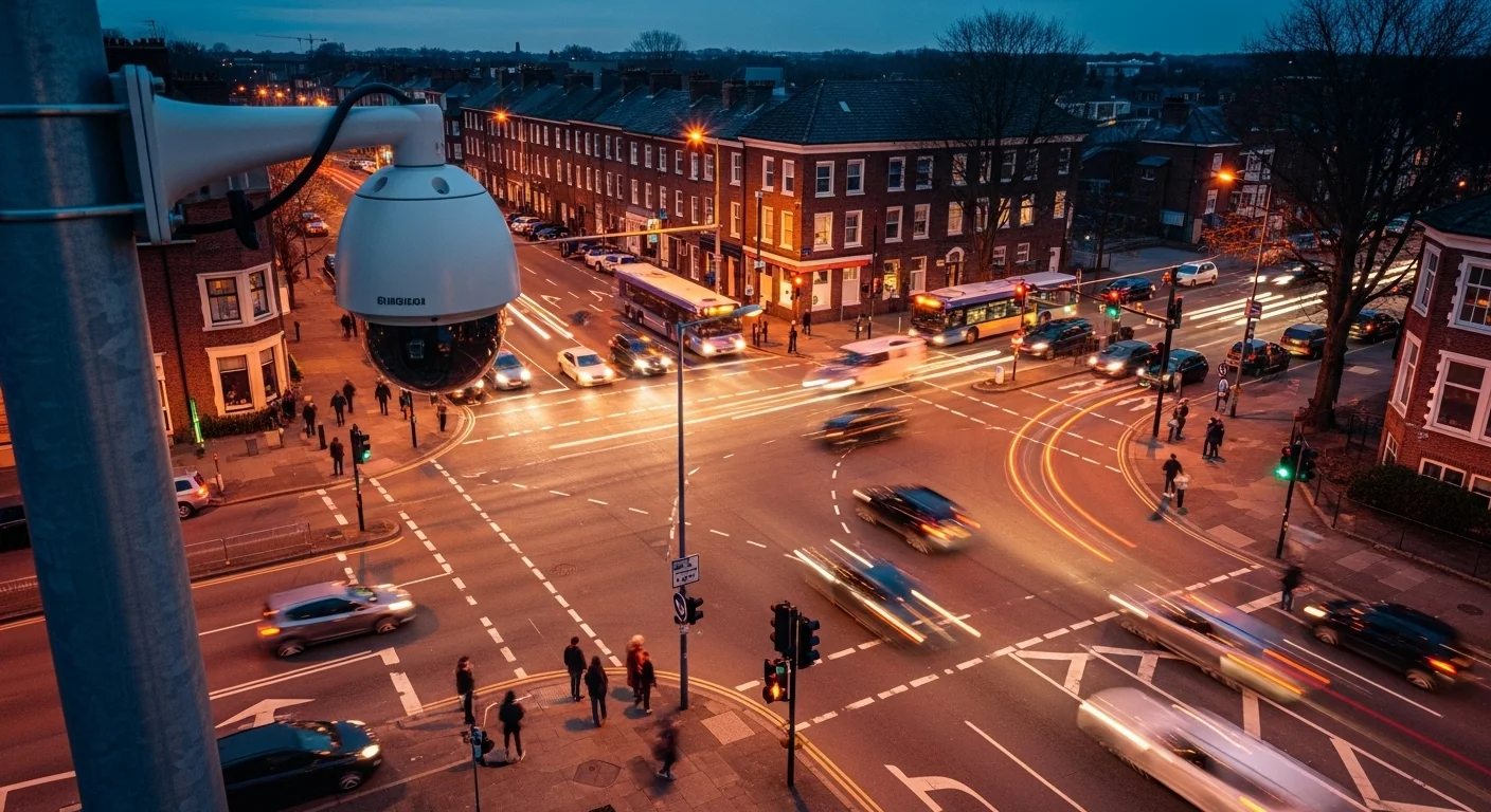 Traffic camera above a busy city intersection at dusk