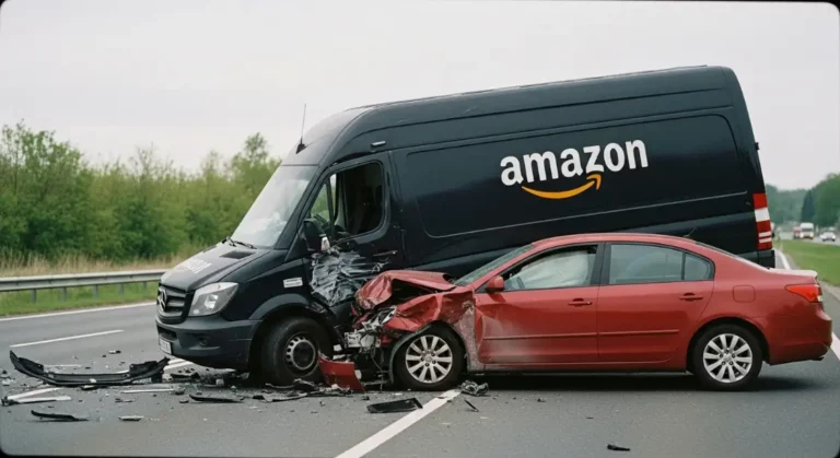 Amazon delivery van crashed into a passenger car with visible collision damage