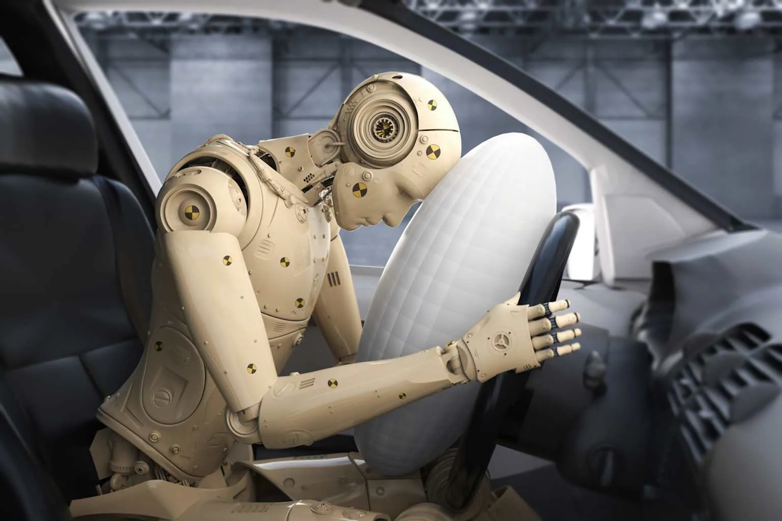 Crash test dummy restrained in a car seat, showing how a collision causes traumatic brain injury