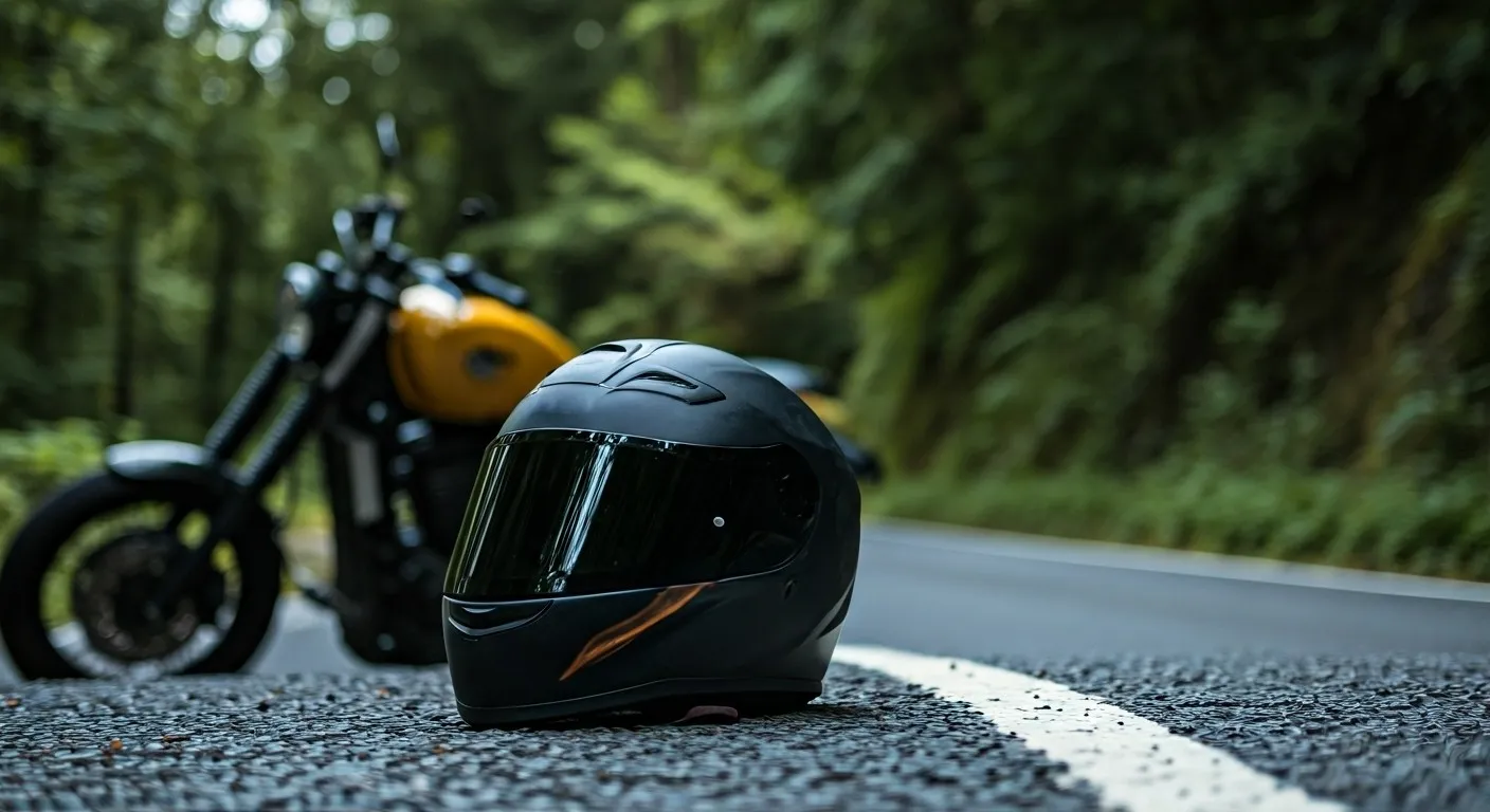 Motorcycle helmet on the pavement after an accident