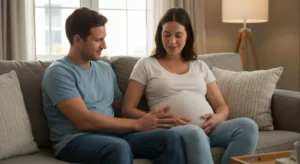 March 28, 2026 | Placental Abruption and Car Accidents Couple sitting on couch, expecting baby.