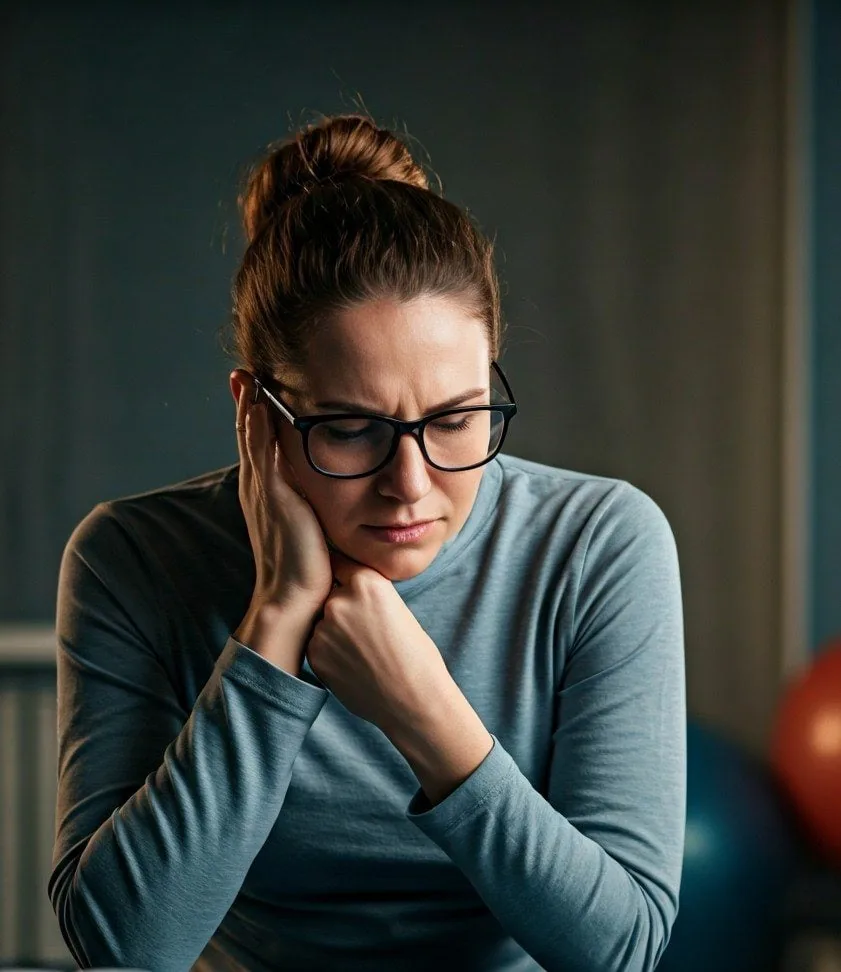 Woman in glasses with her eyes lowered and one hand pressed to her cheek in a clinic room