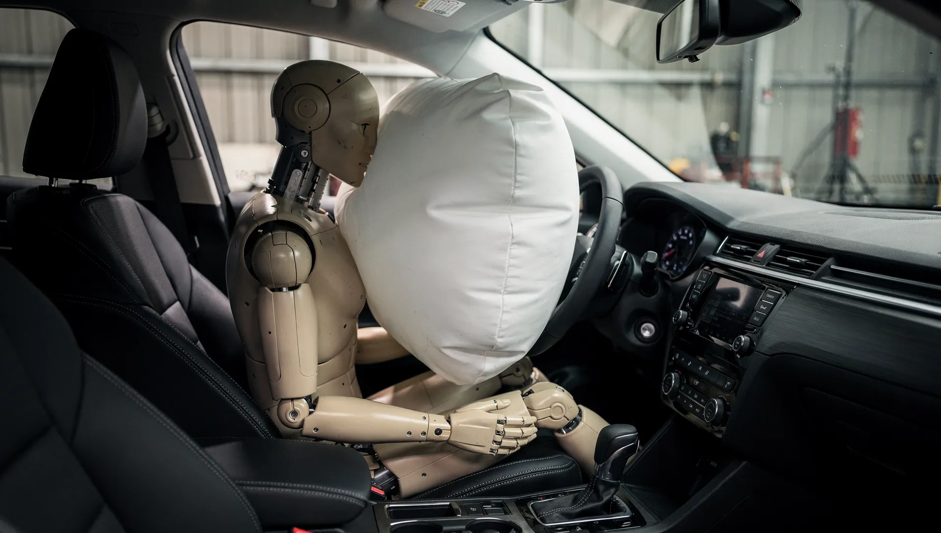 Crash test dummy in a driver seat with its face pressed into a deployed airbag