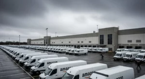 Amazon delivery vans lined up at a Kentucky warehouse