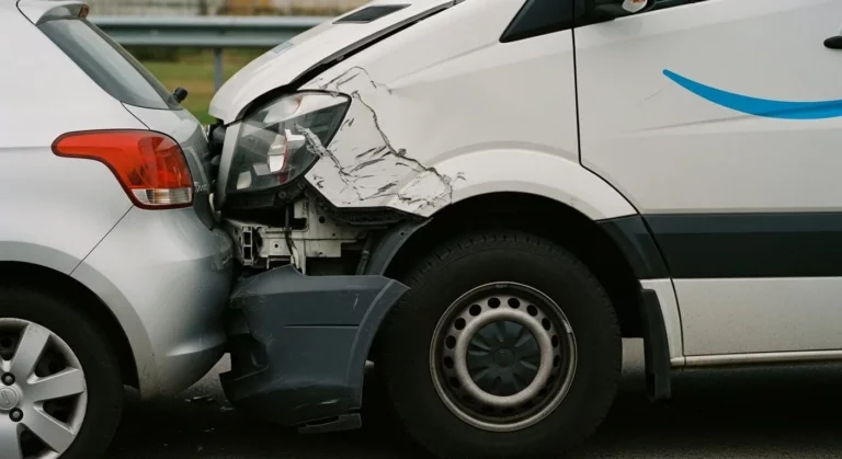 Close-up of an amazon delivery van involved in a rear-end collision