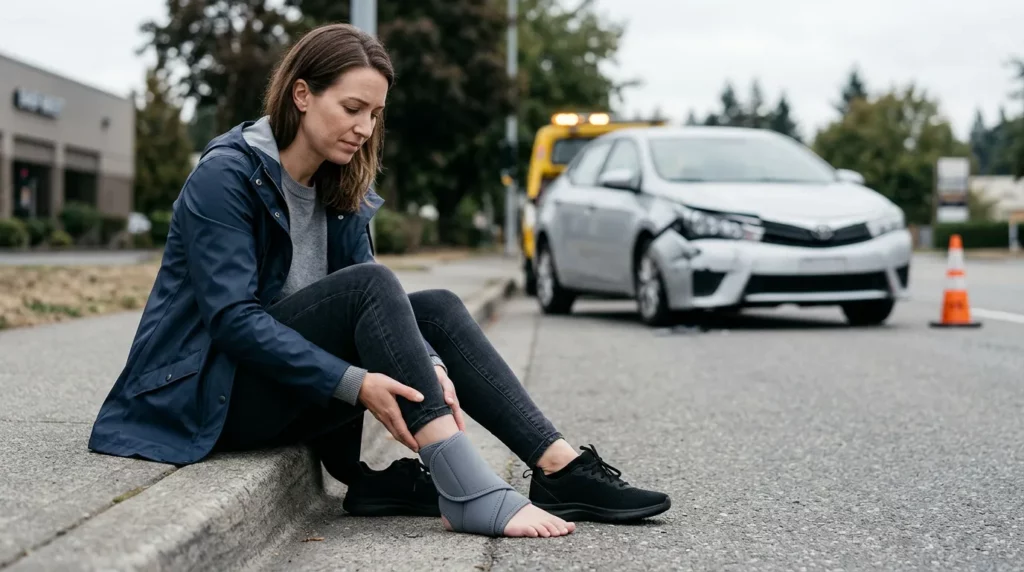 Injured ankle near a vehicle crash scene