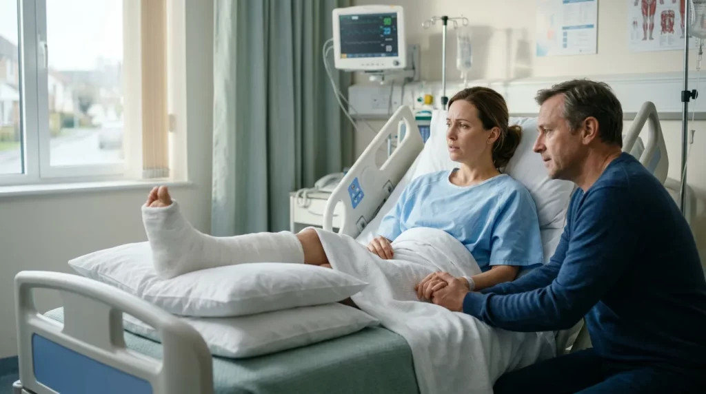 Couple at a hospital bed with a leg injury after a femur fracture from a car accident