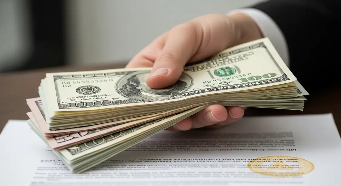 Hand holding a stack of cash over a signed settlement document