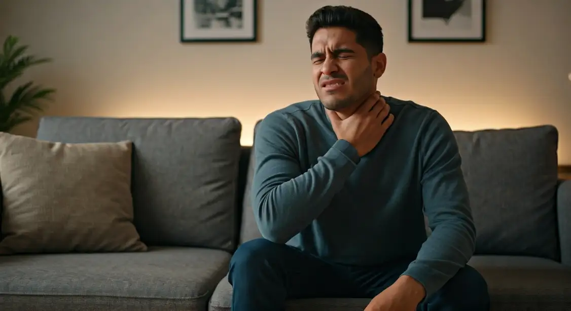 A man holding his neck while sitting on a couch