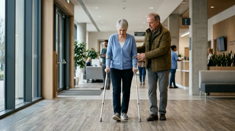Older woman walking with crutches beside a man in a hospital lobby