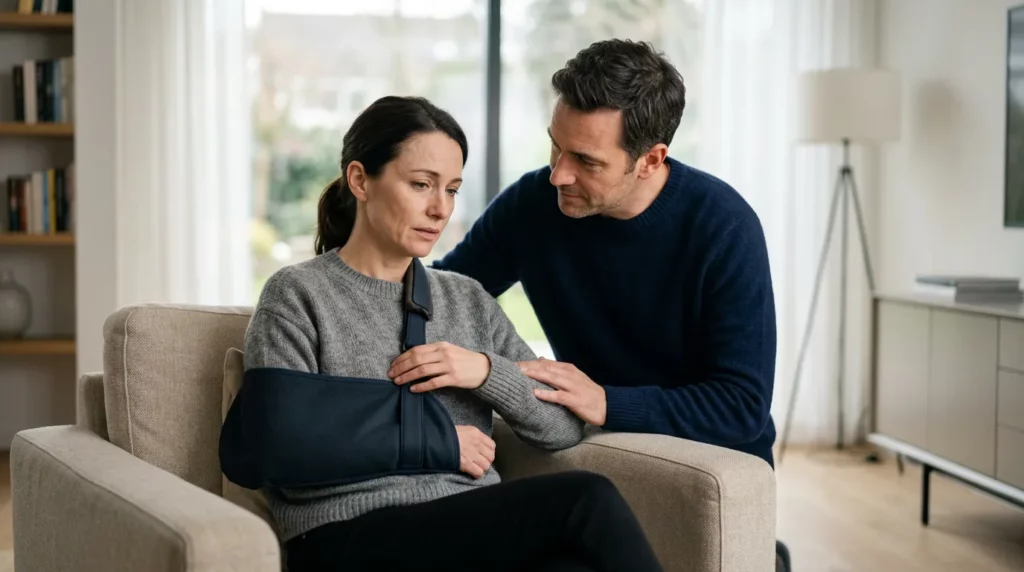 Concerned couple in living room.