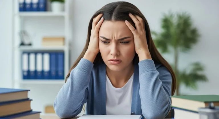 Person looking stressed at a desk.