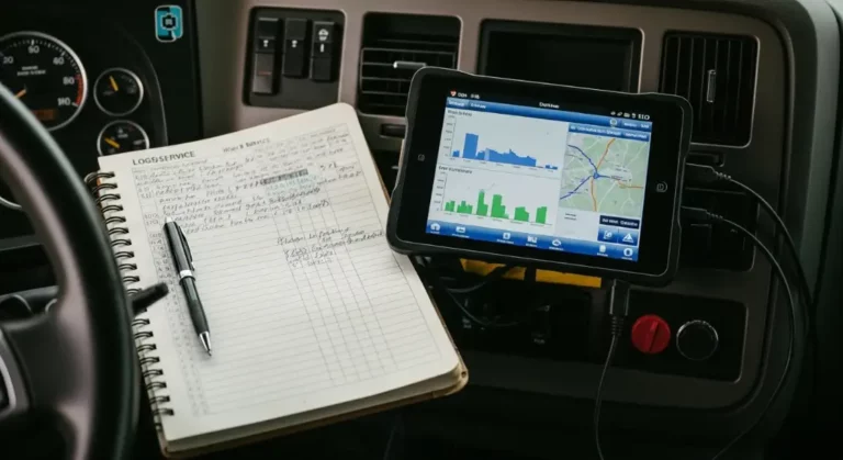 Truck driver's paper logbook and electronic logging device used to track hours of service