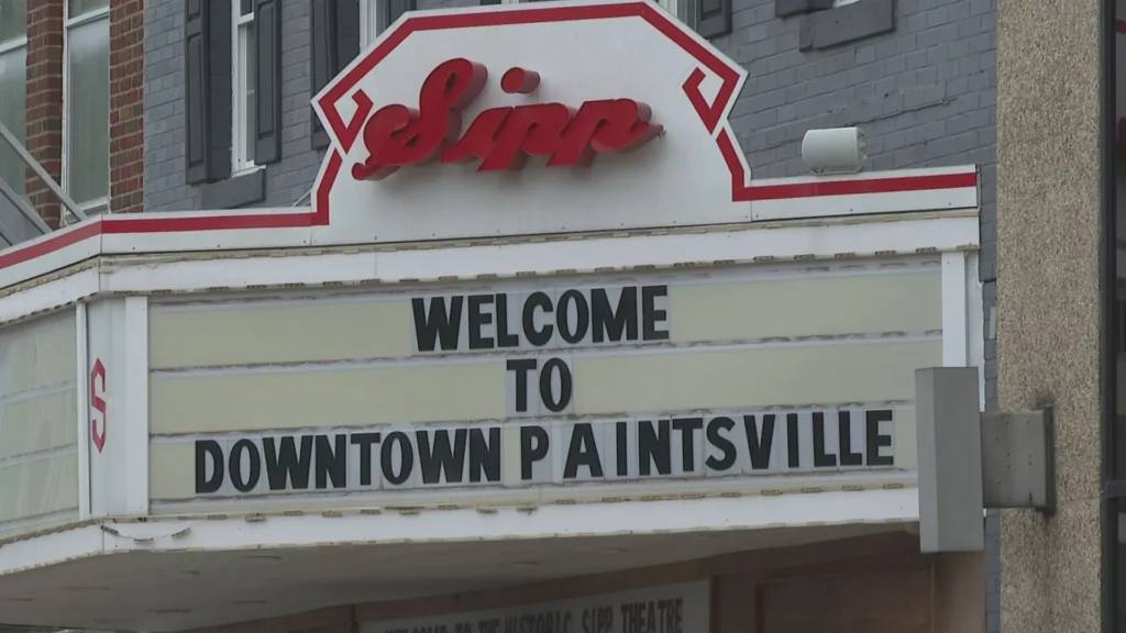 Theater marquee welcoming visitors to downtown Paintsville