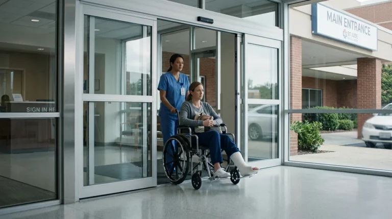 Patient leaving hospital in wheelchair.