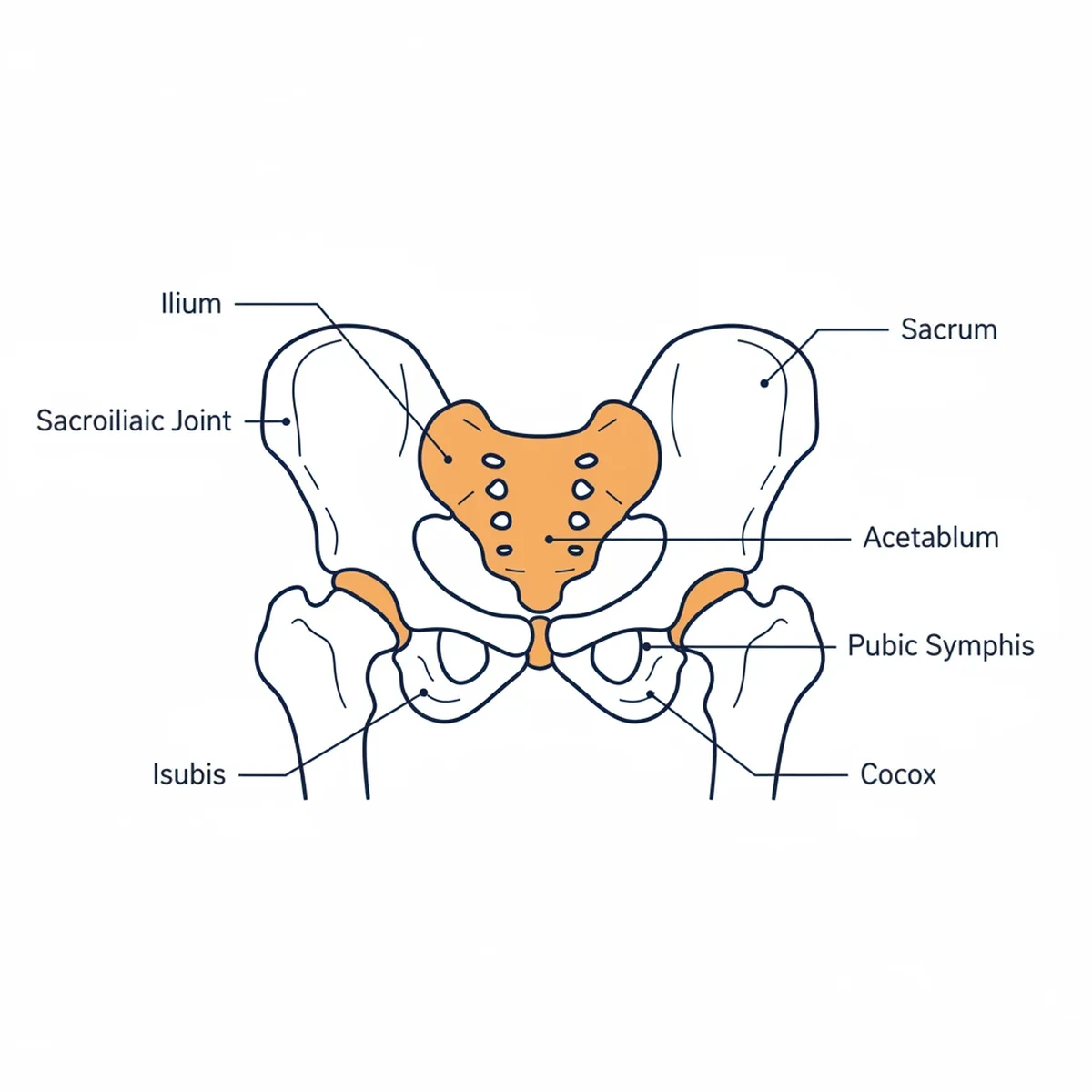 Anatomy of the human pelvic ring showing ilium, ischium, pubis, sacrum, sacroiliac joints, pubic symphysis, and acetabulum