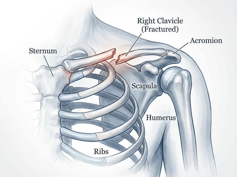 Medical illustration of a right clavicle showing a mid-shaft displaced fracture with labeled acromion, sternum, and brachial plexus running beneath the bone