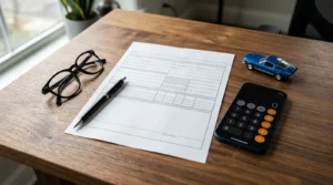 Kentucky auto insurance claim form on a desk with pen, glasses, calculator, and toy car