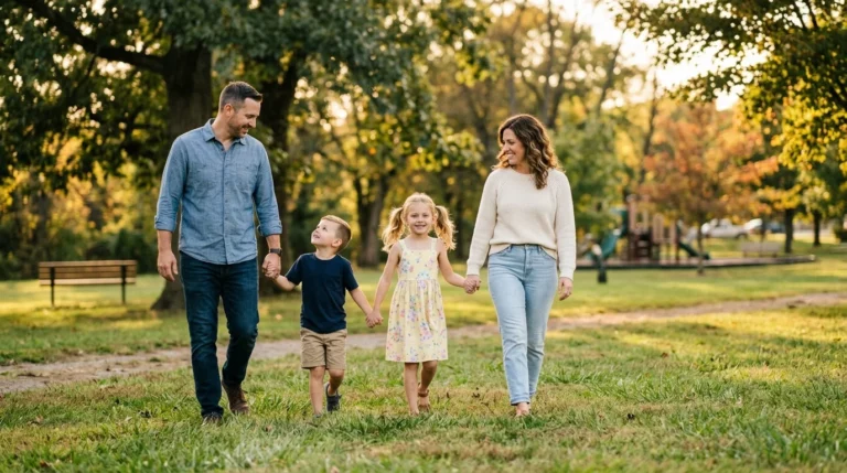 Mother, father, and two young children walking hand in hand through a park