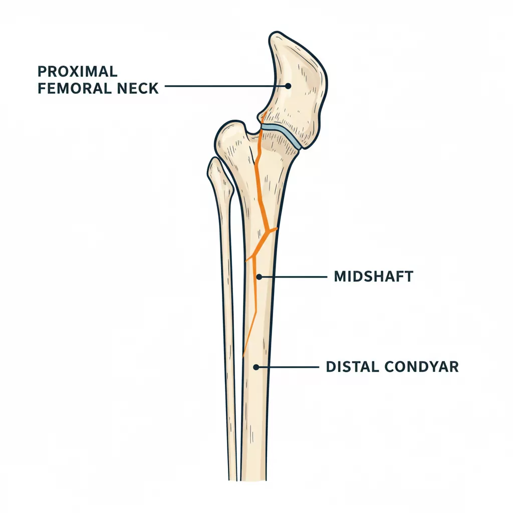 Femur anatomy showing proximal, midshaft, and distal regions