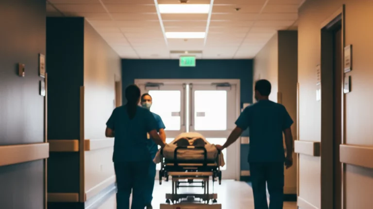 Empty hospital emergency room corridor with a patient gurney at night