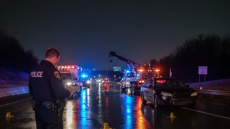 Police officer holding a clipboard at a nighttime highway accident scene with emergency lights