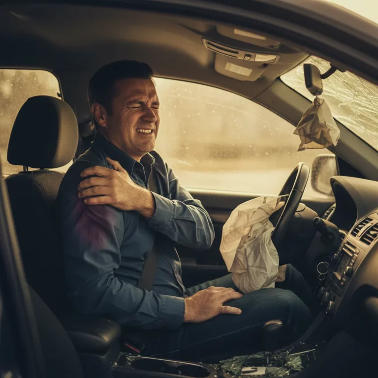 Man holding his shoulder in pain after a car accident, rotator cuff tear injury in kentucky