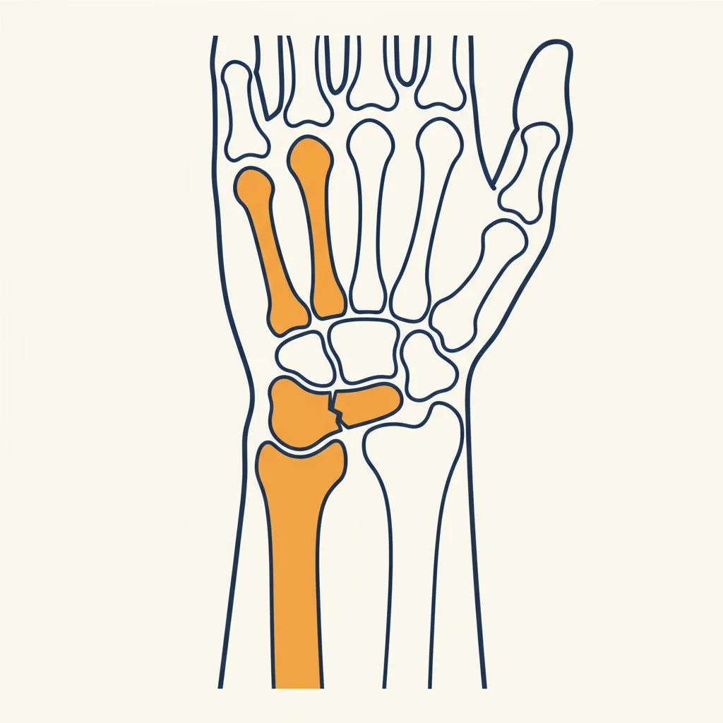 Medical illustration of right wrist showing the scaphoid bone highlighted on the thumb side with a fracture line at the waist